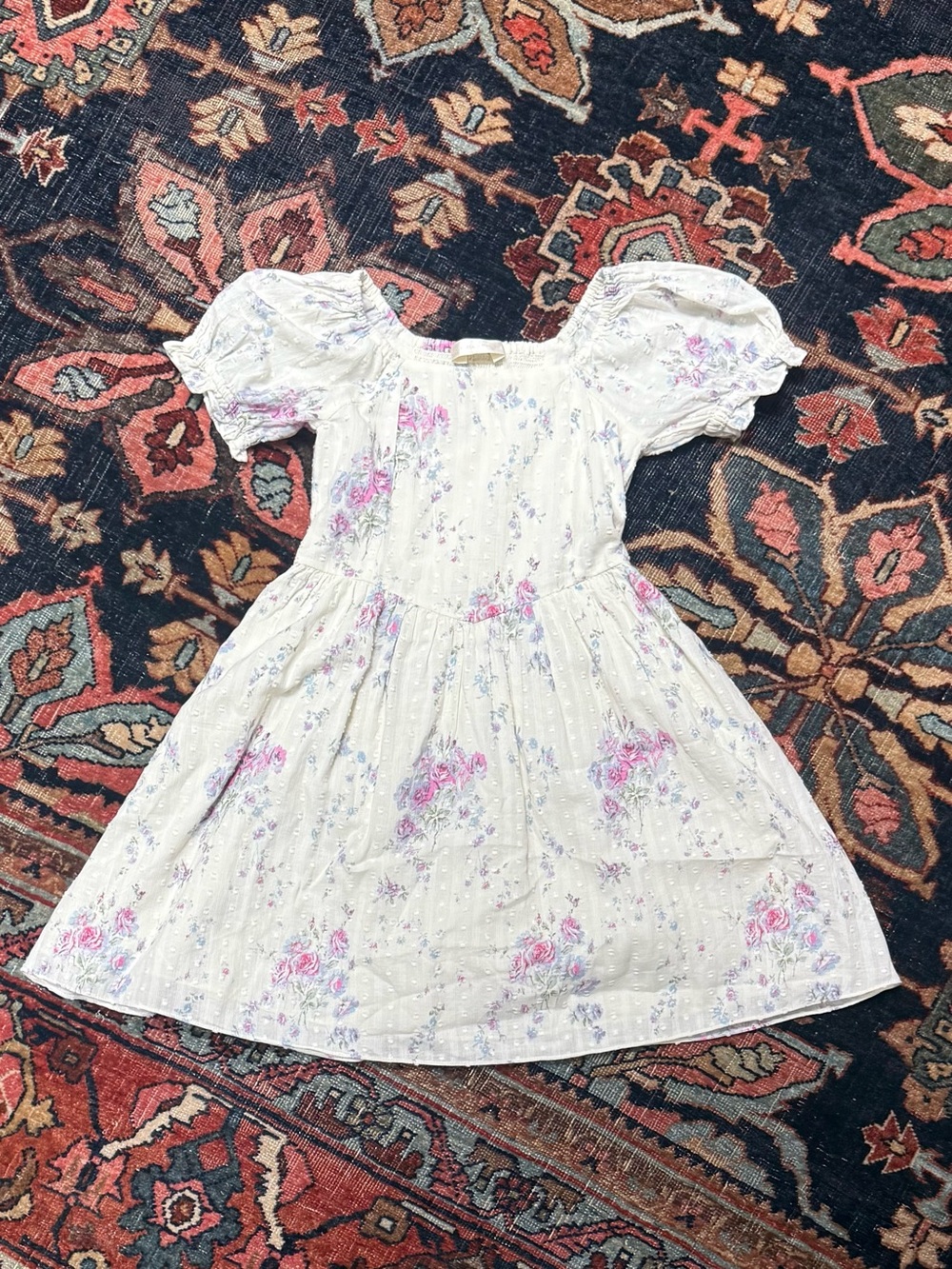 LoveShackFancy White Dress with Pink and Light Blue Floral Print